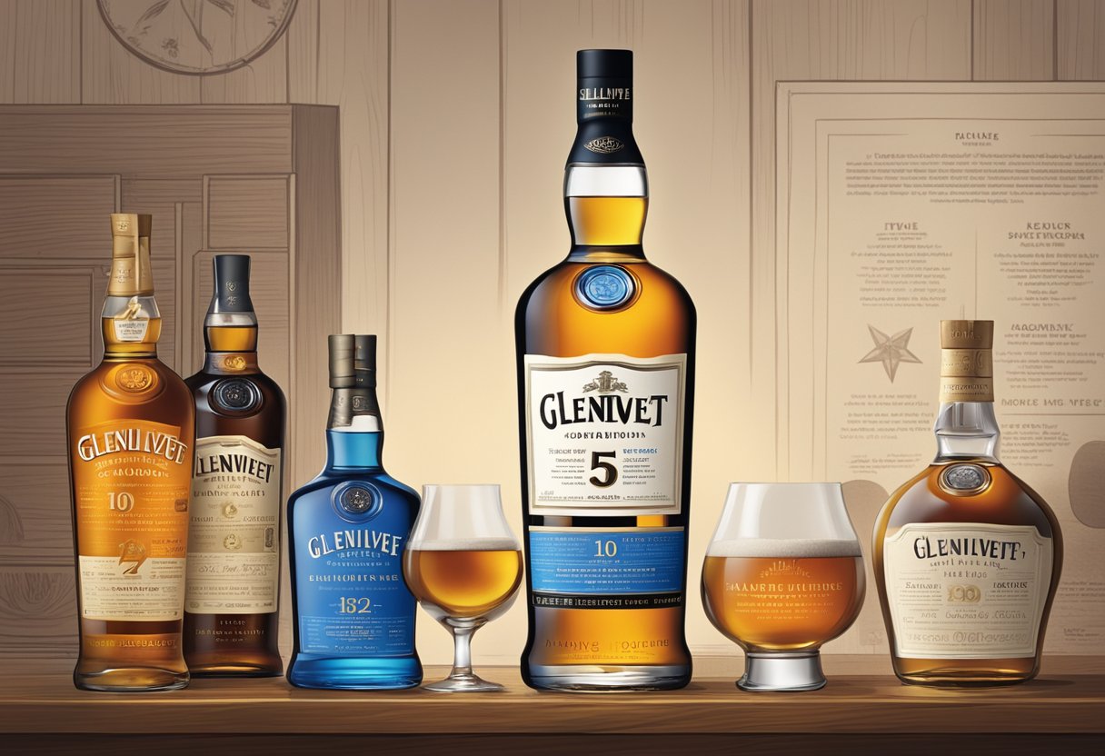 A bottle of Glenlivet Founder's Reserve sits on a wooden table, surrounded by a collection of glowing five-star reviews and ratings