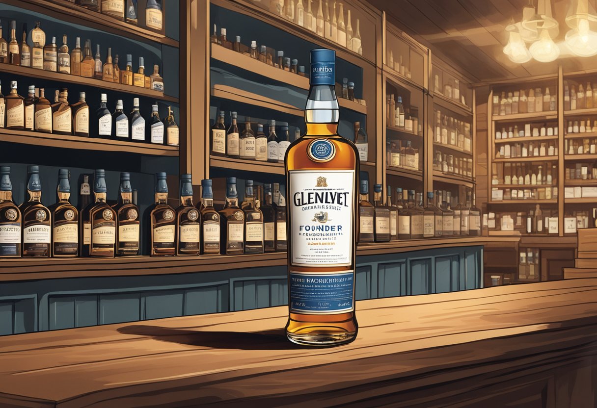 A hand reaches for a bottle of Glenlivet Founder's Reserve, sitting on a shelf in a well-lit liquor store. The label is clearly visible, with the price tag next to it