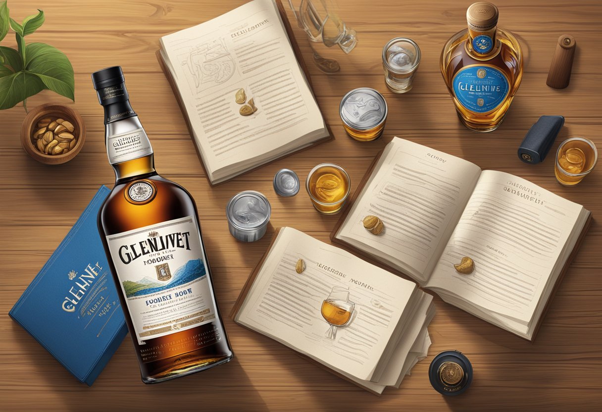 A bottle of Glenlivet Founder's Reserve sits on a wooden table, surrounded by a collection of frequently asked questions about the product