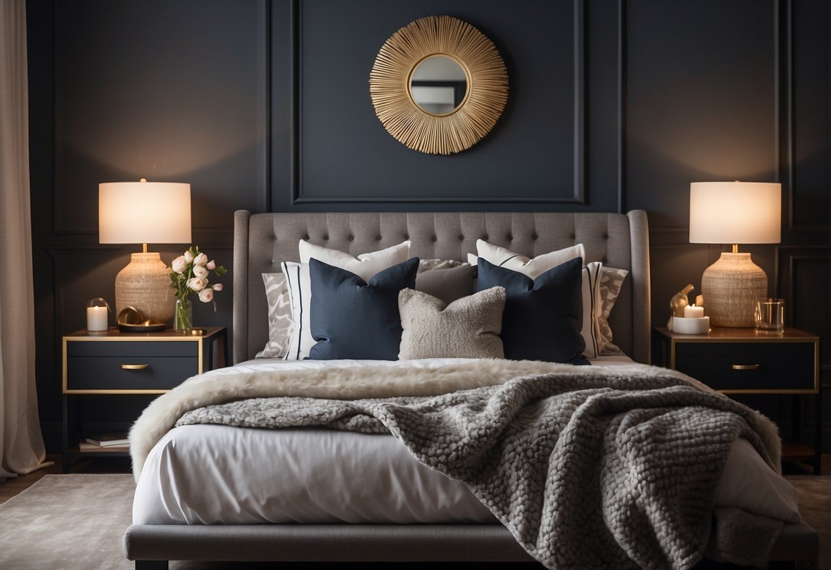 A cozy bedroom with a mix of modern and traditional decor, featuring a comfortable bed, stylish nightstands, soft lighting, and a variety of textures and patterns