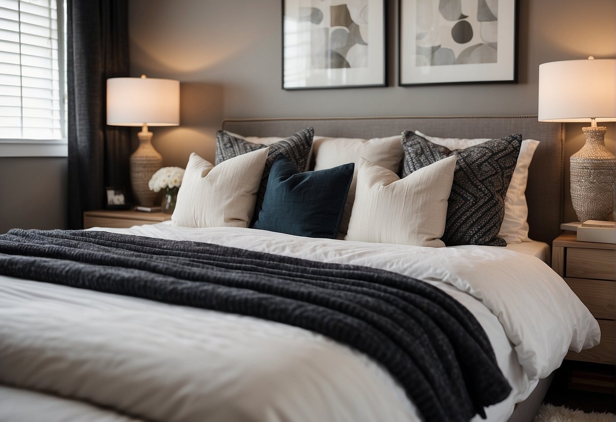 A cozy bedroom with a mix of modern and traditional elements. Soft, neutral colors with pops of vibrant accents. A comfortable bed with plush pillows and a stylish nightstand. A gallery wall of artwork and a cozy reading nook