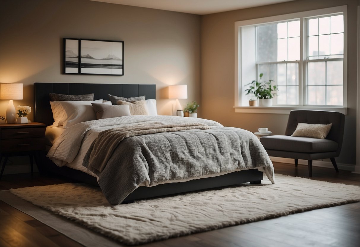 A cozy bedroom with a bed, nightstands, dresser, and a comfortable chair. Soft lighting and a rug complete the inviting atmosphere