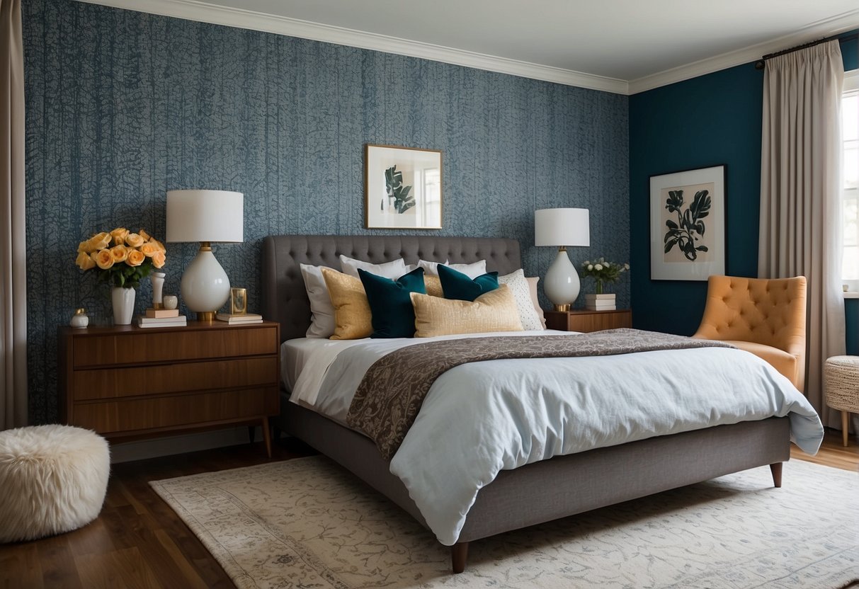 A cozy bedroom with patterned wallpaper, framed artwork, and a plush area rug. A decorative accent wall features a bold paint color or intricate wallpaper design