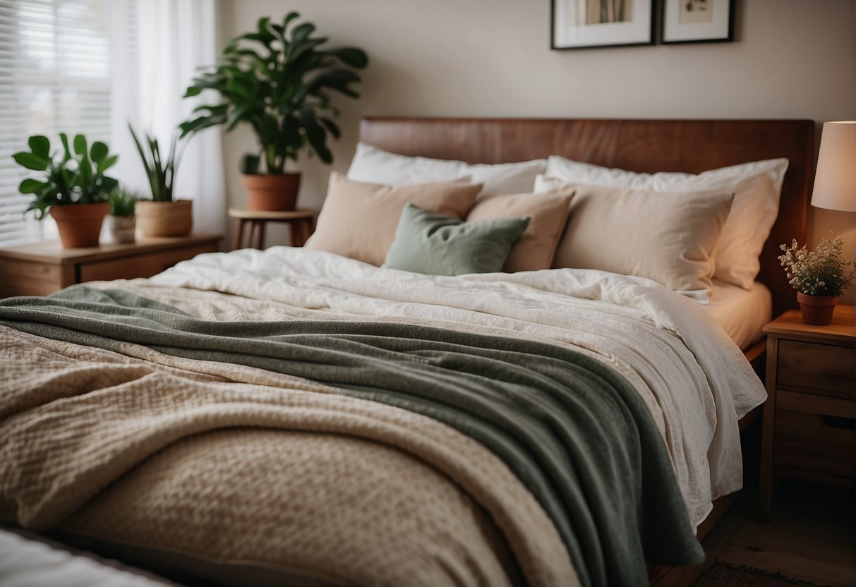 A cozy bedroom with unique accessories and personal touches, such as decorative pillows, artwork, and plants, creating a warm and inviting atmosphere