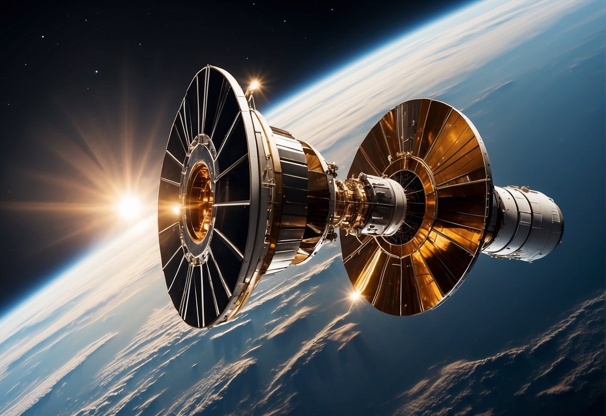 A spacecraft antenna extends from a metallic satellite, transmitting signals through the vacuum of space. Sunlight glints off the reflective surface, highlighting the technological marvel of space communication