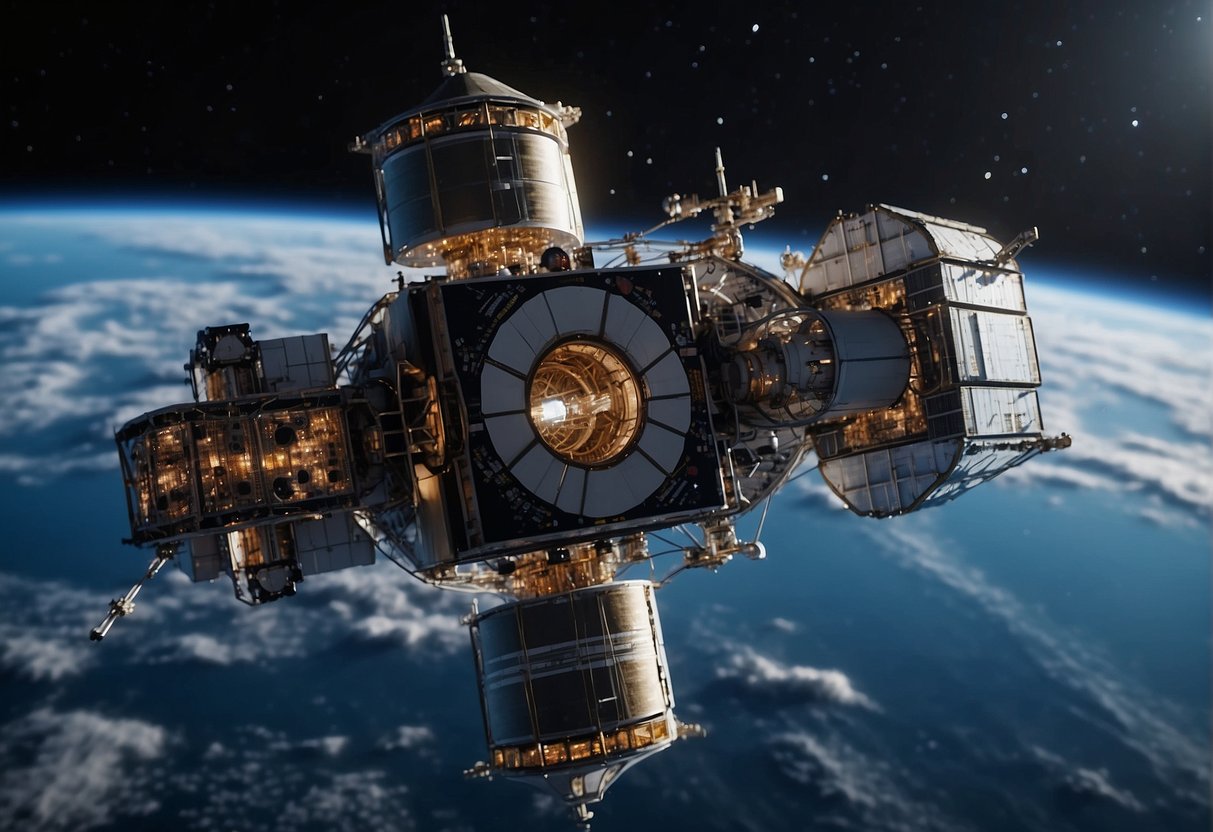 A network of spacecraft communicate through advanced technology, overcoming the vacuum of space. Antennas and satellites transmit data across the vast expanse