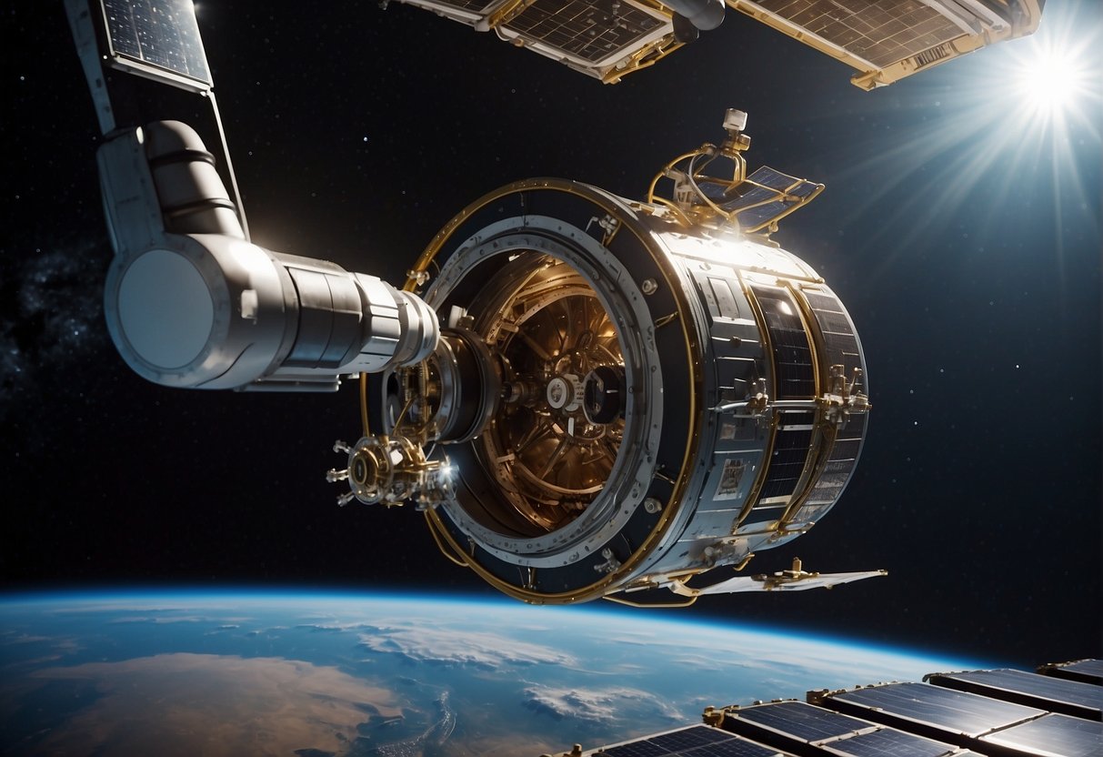 The Lifespan of a Spacecraft - A spacecraft hovers in the vacuum of space, its solar panels glistening as it undergoes maintenance and repair. Tools and robotic arms are seen working on its exterior, ensuring its continued functionality