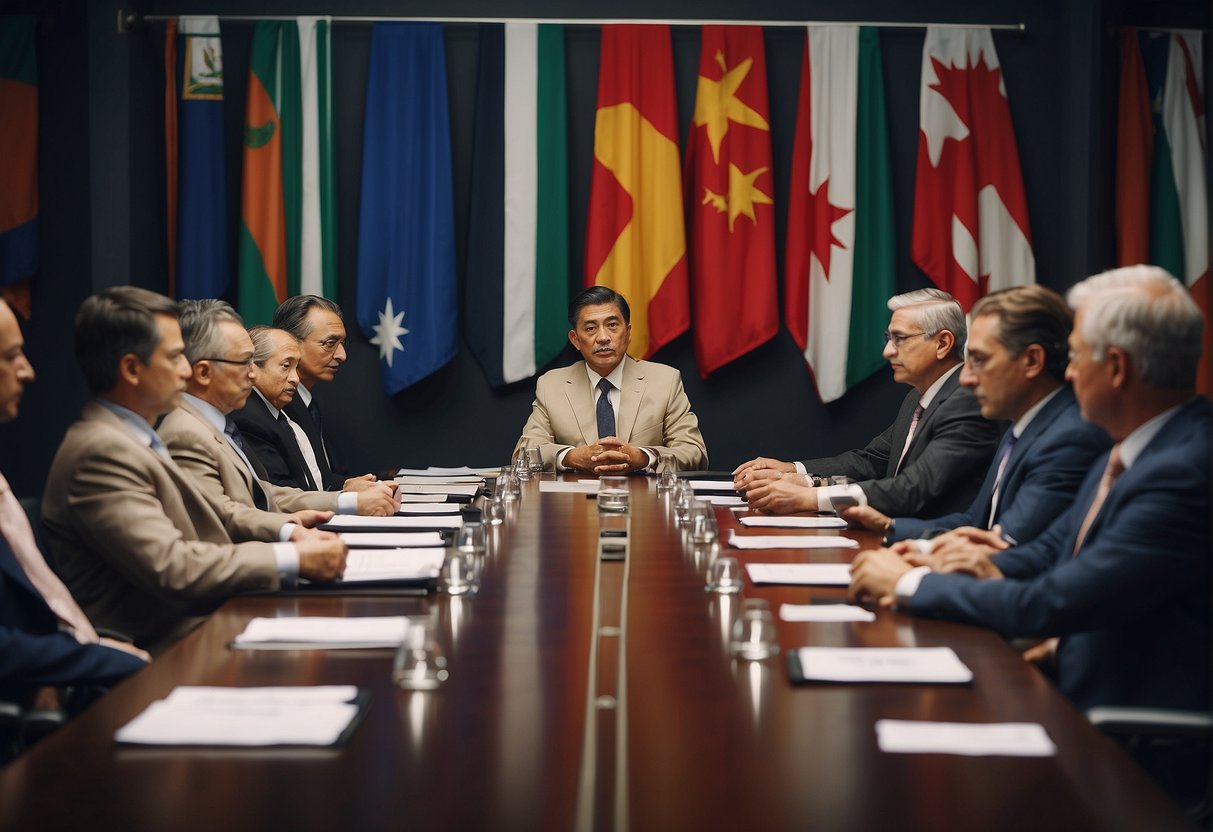 A group of officials from various countries discussing space regulations in a conference room with flags of different nations displayed