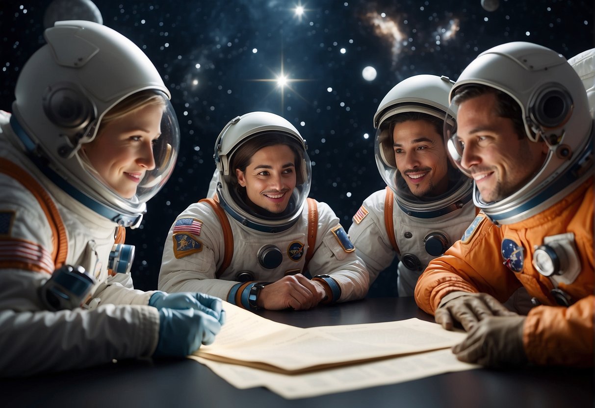 A group of astronauts gather around a table, discussing legal documents with a backdrop of stars and planets