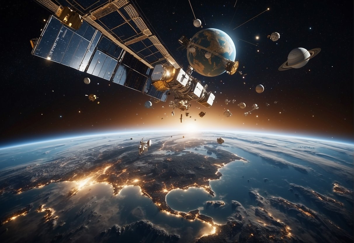 Space Traffic Management - A crowded orbit with satellites and space debris, maneuvering to avoid collisions, monitored by a control center on Earth