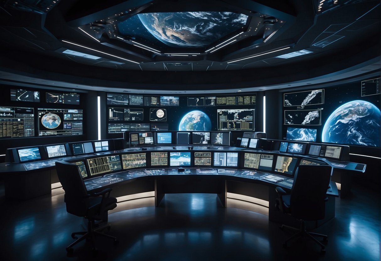 The evolution of ground control  - Ground control room with high-tech equipment, monitors, and communication devices. Spacecraft in orbit and traffic control visuals displayed on screens