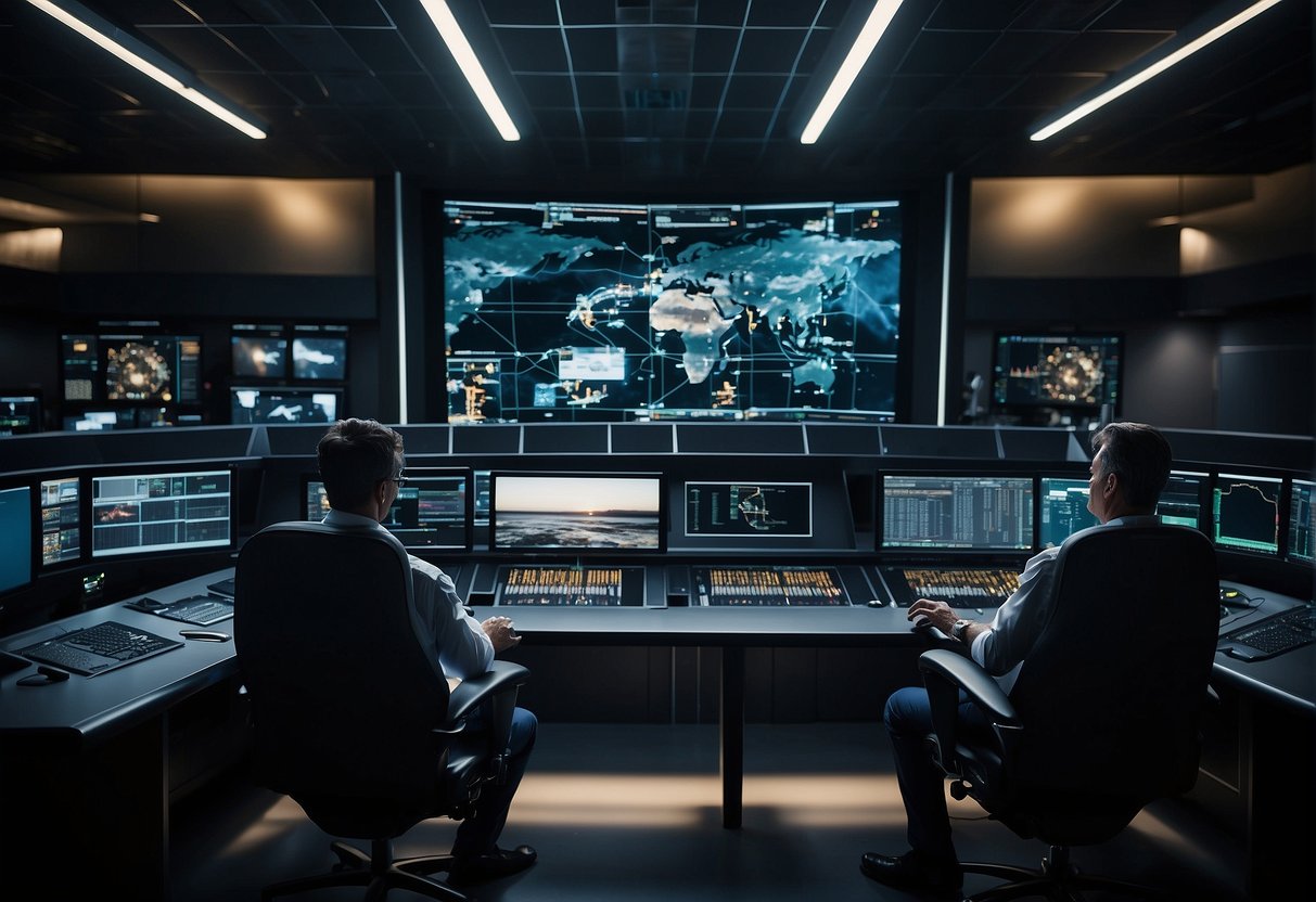 A control room filled with advanced technology and monitors, with a team of experts coordinating space missions and monitoring space traffic