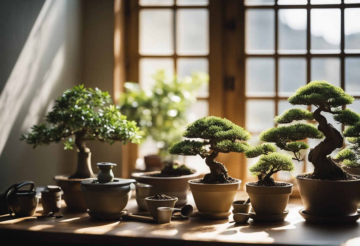 A small table with bonsai trees in various stages of growth, surrounded by tools, pots, and a watering can. Sunlight filters through a nearby window, casting soft shadows on the scene