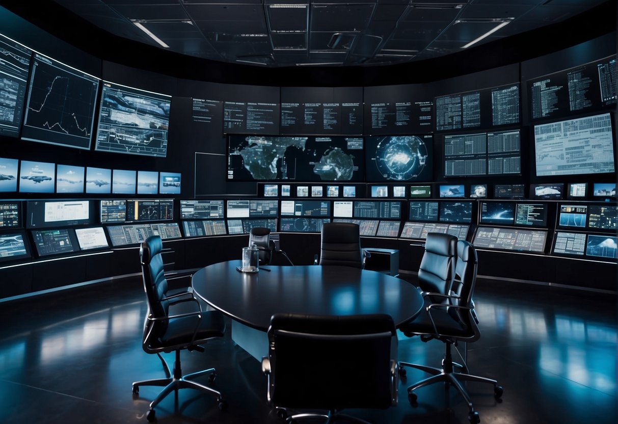 Ground control room with monitors, computers, and communication equipment. STM center with radar and tracking systems. Evolution timeline displayed on a wall