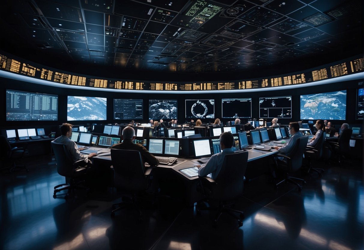 Multiple space agencies collaborate in a control room, overseeing satellites and spacecraft. Legal documents and charts outline international agreements for space traffic control