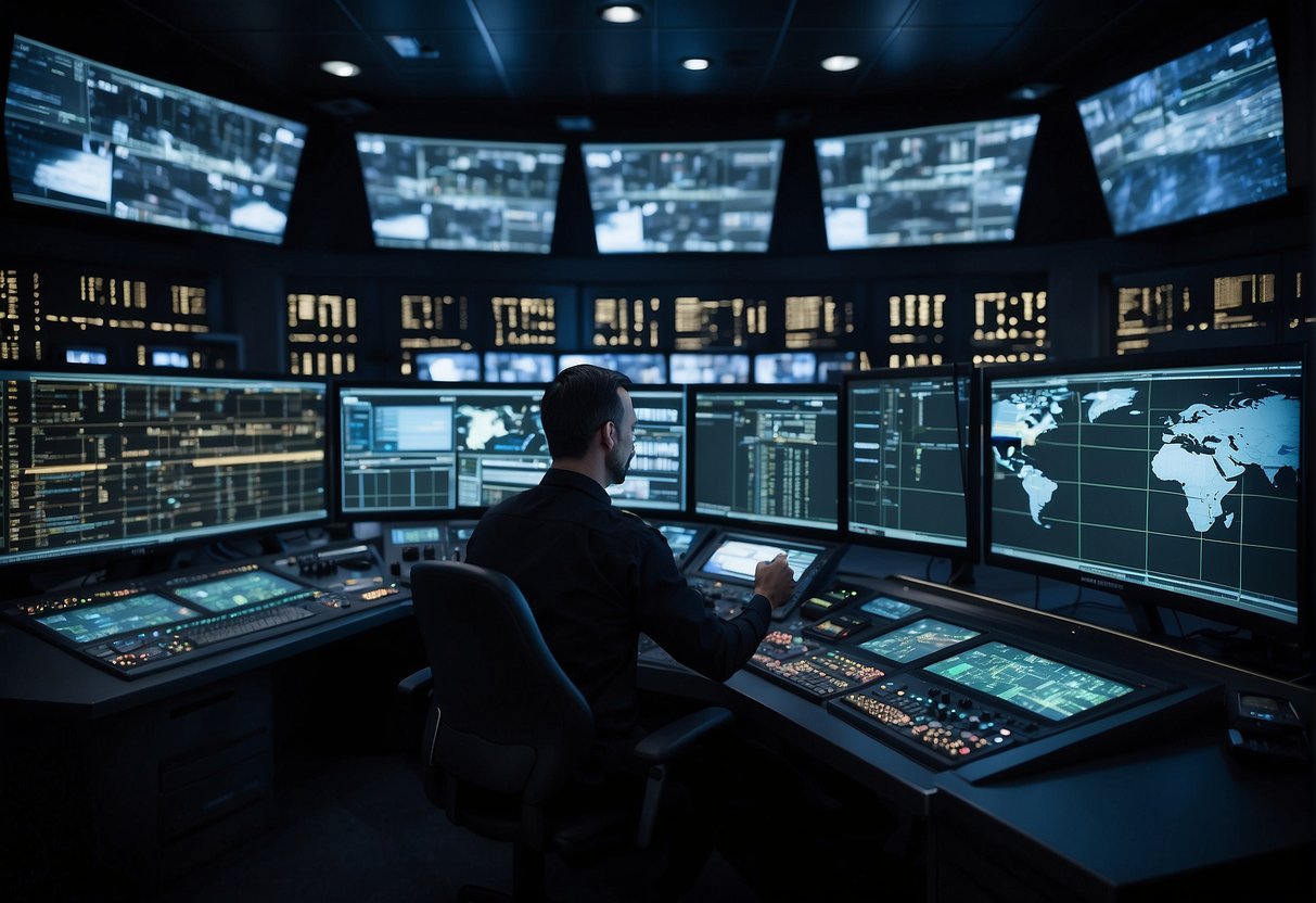 A control room with advanced technology and screens displaying space traffic data, with staff working diligently at their stations