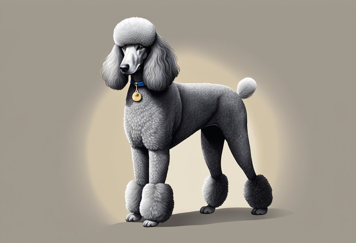 A standard poodle stands proudly, exuding vitality and health. Its coat is glossy, eyes bright, and body well-proportioned, showcasing the epitome of poodle health