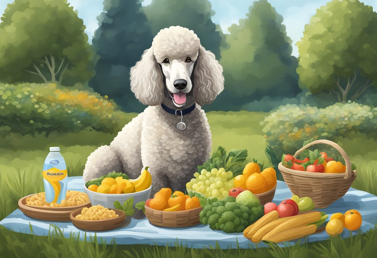 A standard poodle plays outdoors, surrounded by healthy food and water
