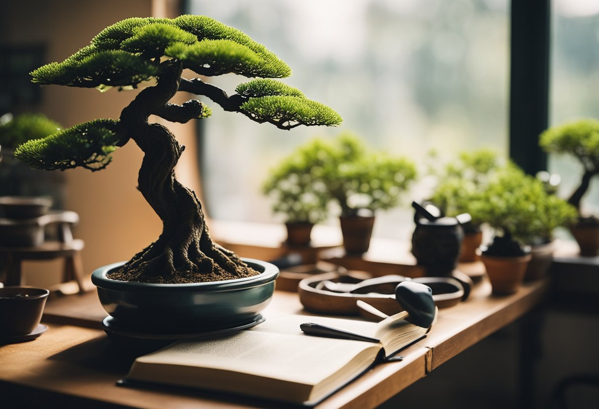A peaceful room with a small table holding a carefully pruned bonsai tree, surrounded by gardening tools and a book on bonsai care
