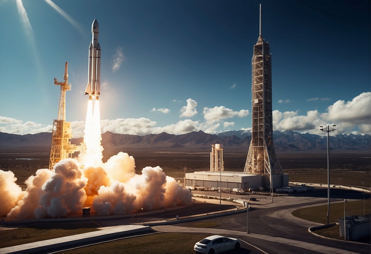 A rocket launches from a commercial spaceport, with a backdrop of futuristic space infrastructure and satellites orbiting the Earth