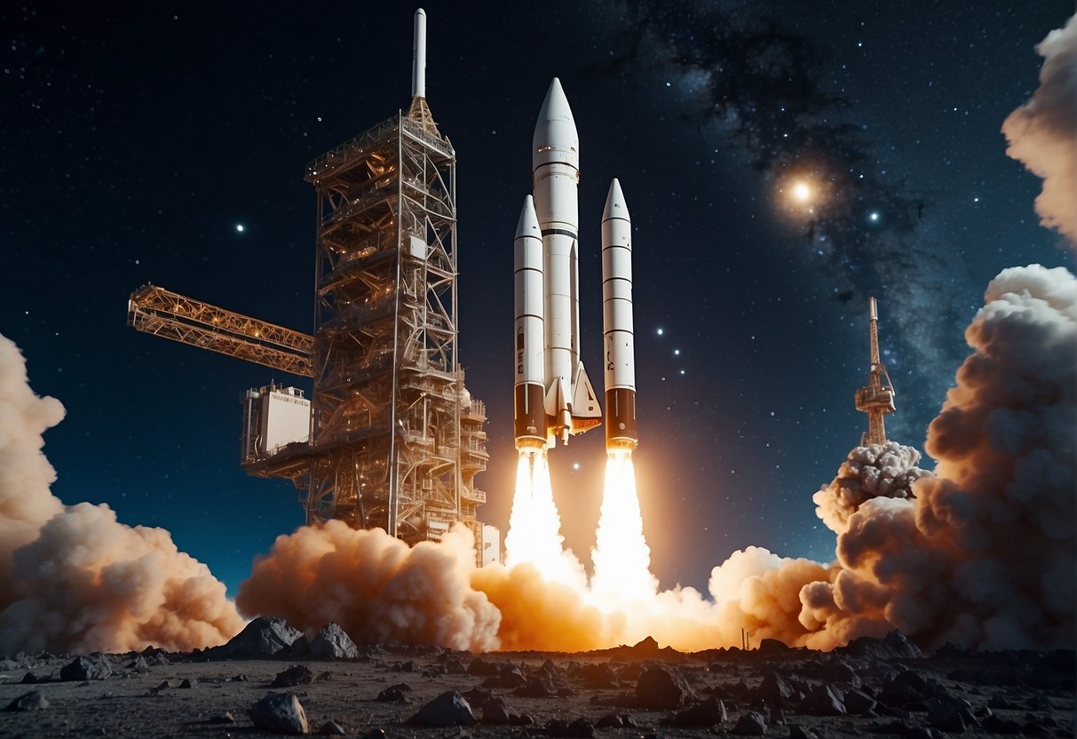 A rocket launches into space, surrounded by satellites and space debris. Insurance policies and risk assessments are displayed in the background