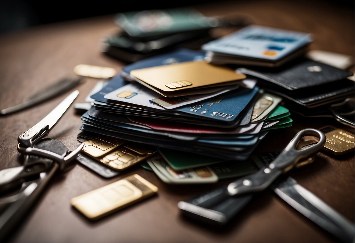 A pile of bills and credit cards scattered on a table, with a pair of scissors cutting through a credit card, symbolizing debt relief