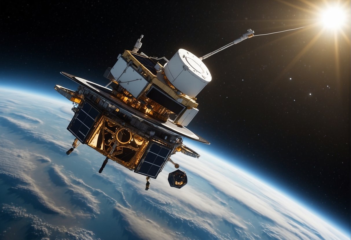 An AI-controlled spacecraft hovers in the vacuum of space, its robotic arms extending to repair a damaged solar panel. Diagnostic sensors scan for faults