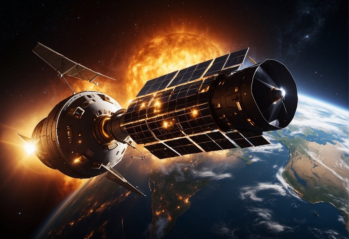 Space Weather Forecasting - A spacecraft orbits Earth as solar flares erupt from the sun, while a network of satellites tracks and forecasts space weather to protect the spacecraft from potential solar storms
