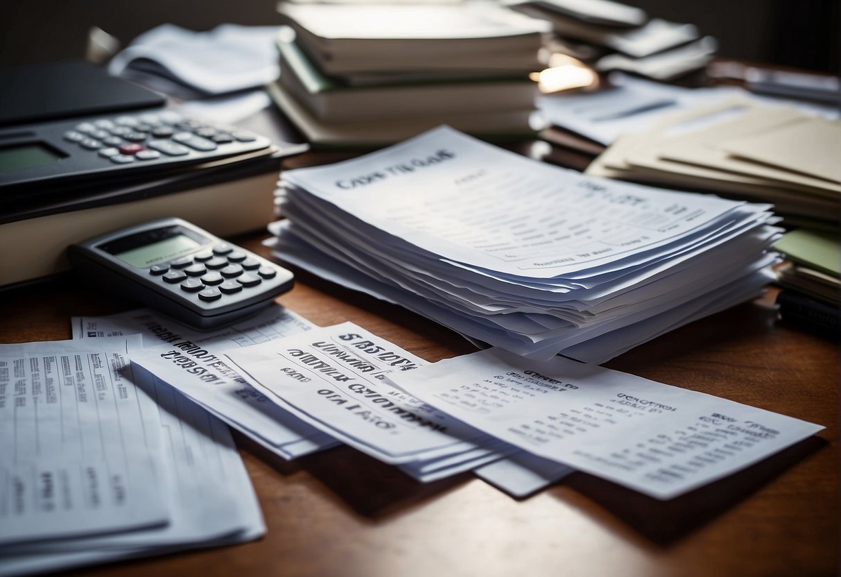 A pile of unpaid bills and credit card statements sit on a cluttered desk, casting a shadow of financial burden. A calendar with overdue dates looms in the background