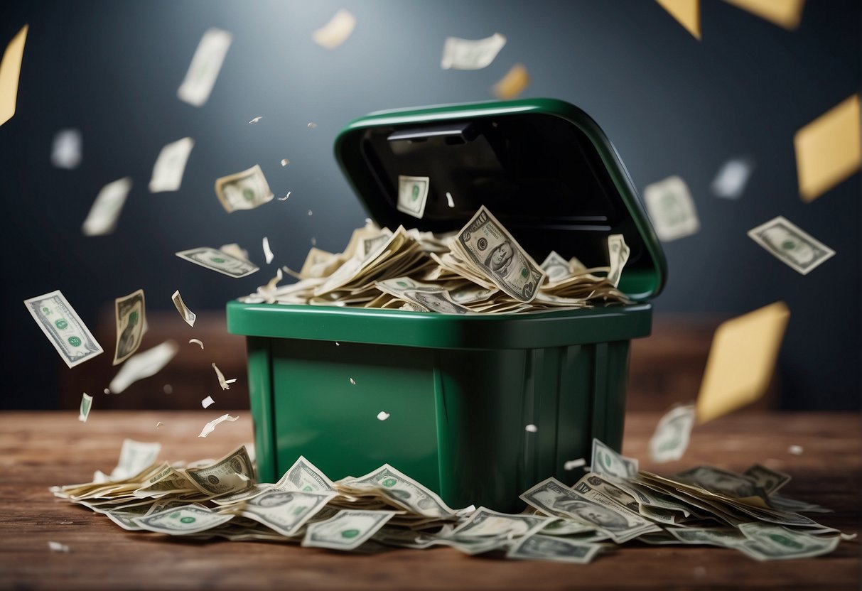 A pile of bills and credit card statements being shredded and thrown into a trash can, symbolizing the act of wiping out debts