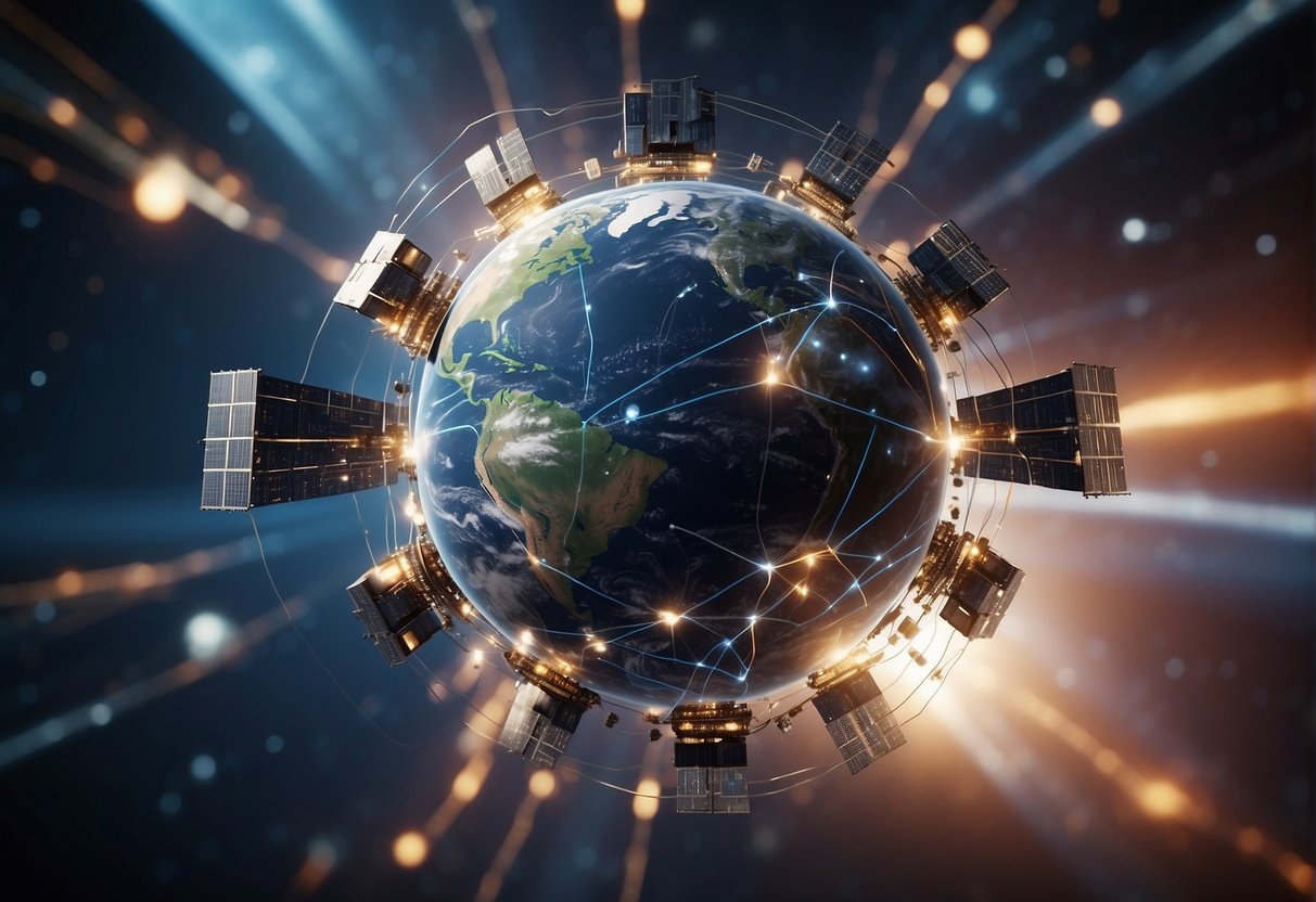 Cybersecurity in Space - Satellites orbiting Earth, surrounded by a network of digital shields, scanning for potential cyber threats from space