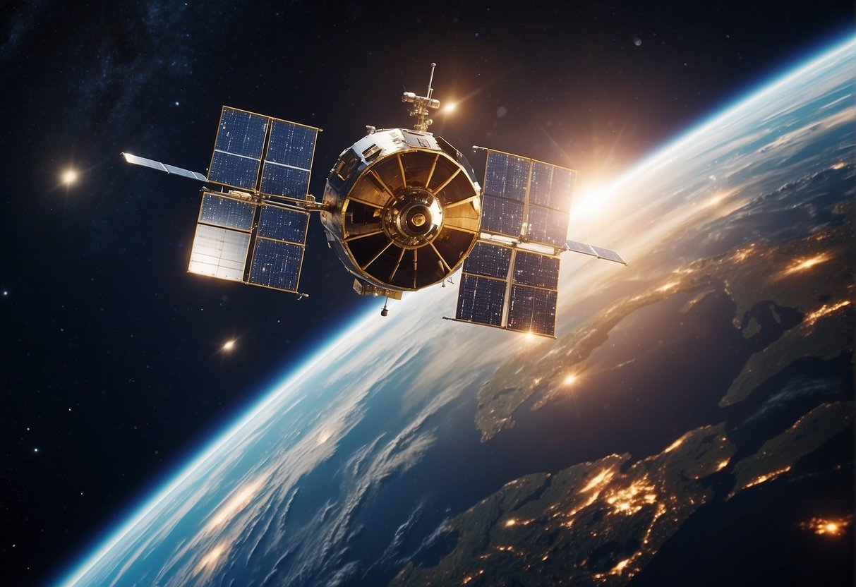 Satellite orbiting Earth, surrounded by digital shields, deflecting cyber attacks from space debris and rogue satellites