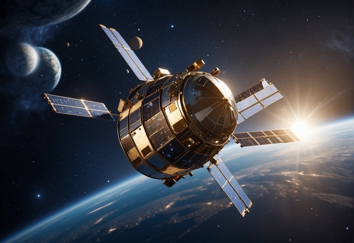 Satellites orbiting in space, surrounded by digital shields, fending off cyber threats
