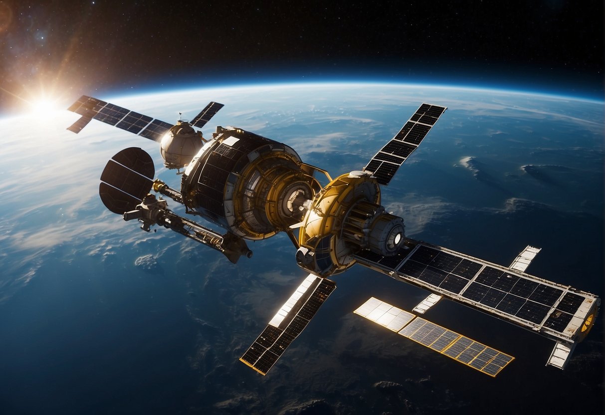 A space station orbits a distant planet, connected to a fleet of spacecraft fueled by innovative propulsion systems. Solar panels and advanced energy technologies power the station and ships, enabling long-term missions in deep space