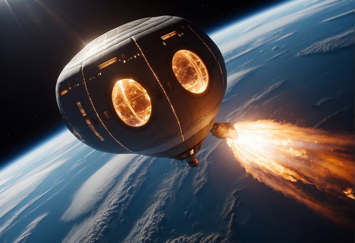 A spacecraft descends through Earth's atmosphere, surrounded by fiery plasma. Parachutes deploy, slowing the descent as the craft approaches a safe landing site