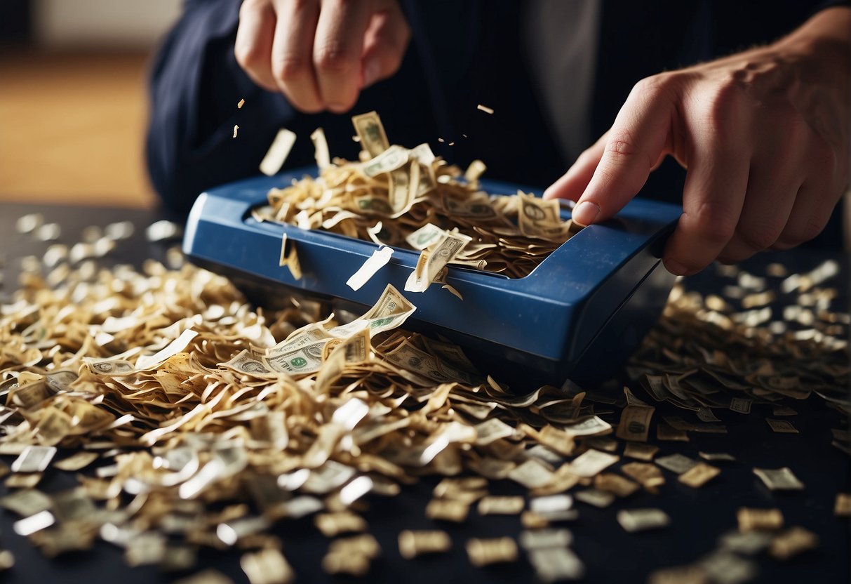 A stack of bills and credit card statements is being shredded into pieces by a powerful shredder, symbolizing the end of debt and financial relief