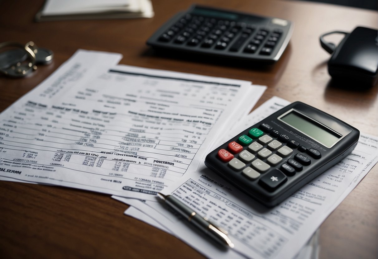 A pile of bills and credit card statements scattered on a table, with a calculator and pen nearby. A person's hand crumples a piece of paper with the word "debt" written on it