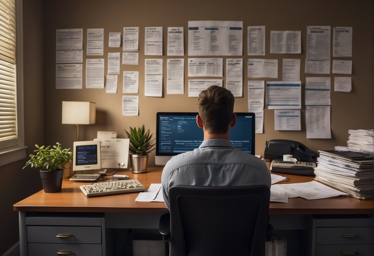 A person sits at a desk, surrounded by paperwork and calculators. They are creating a personalized debt relief plan, with the words "Say Goodbye to Debt: Relief Plans for Real Results" displayed prominently on the wall