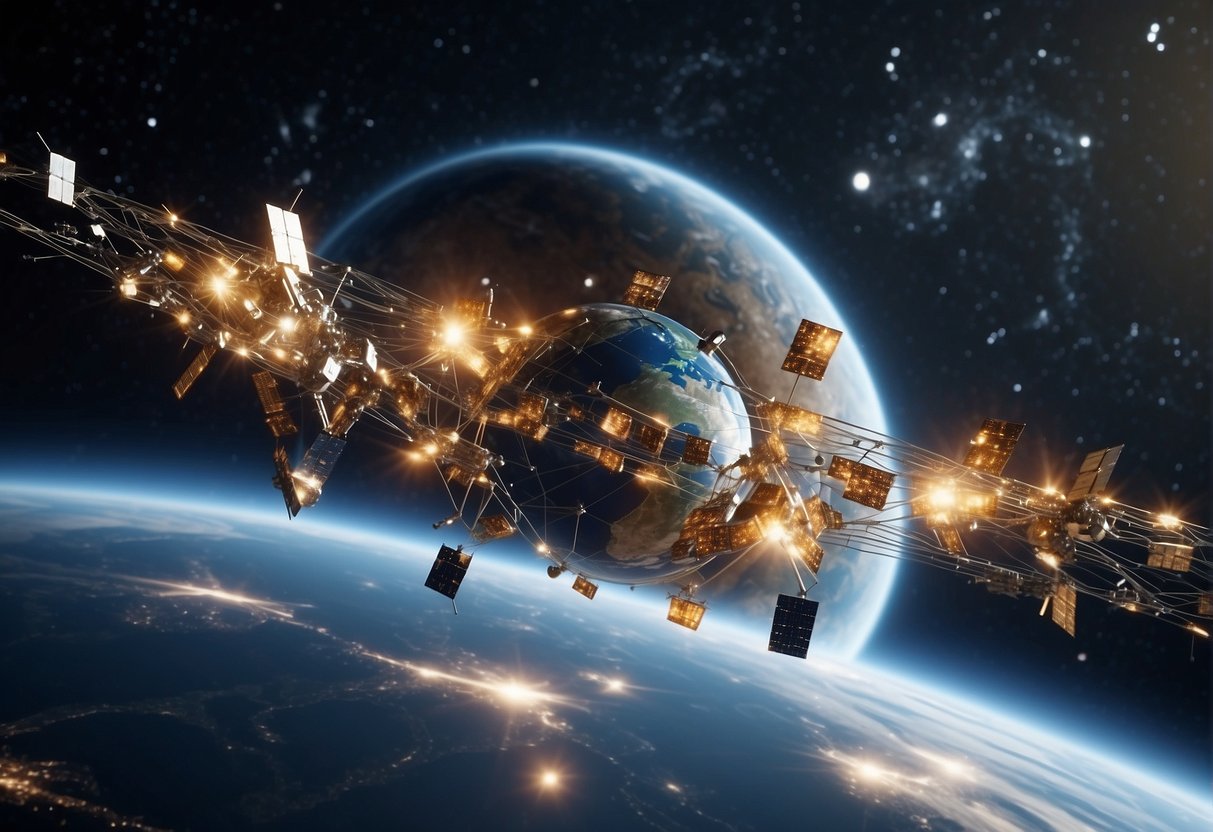 A network of satellites orbiting Earth, regulated and coordinated to avoid collisions. Multiple constellations managed to ensure efficient and safe space operations