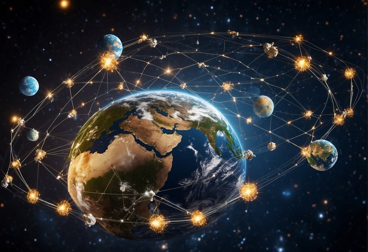 A network of satellites orbiting Earth, coordinating mega-constellations for stakeholder engagement and policy making