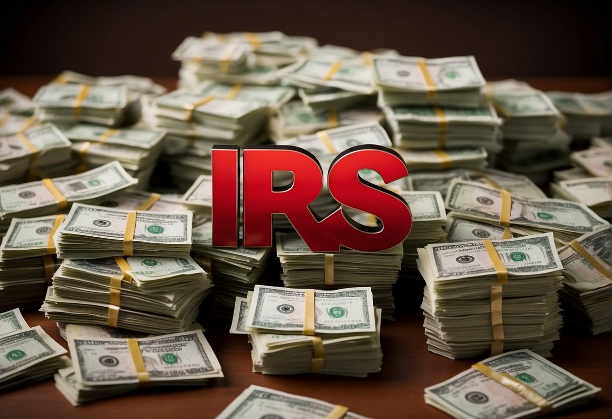 A pile of money with a large red "X" over the IRS logo, surrounded by stacks of tax forms and documents