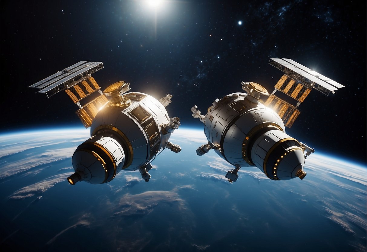 Two spacecraft approach each other in the vacuum of space, carefully aligning their docking ports for a precise and controlled rendezvous operation
