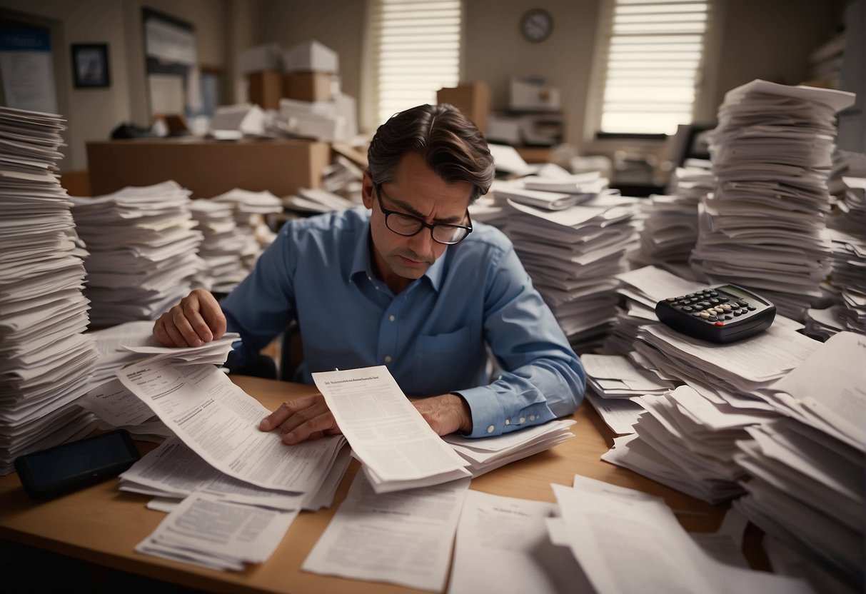 A cluttered desk with piles of receipts, a calculator, and a tax guide. A person surrounded by paperwork, looking determined to find every possible deduction and credit