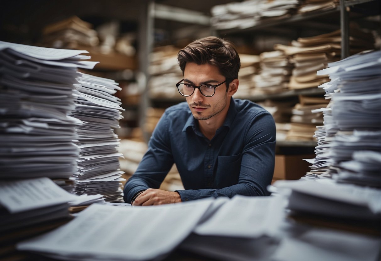 A person studying tax documents with a worried expression, surrounded by piles of paperwork and a calculator