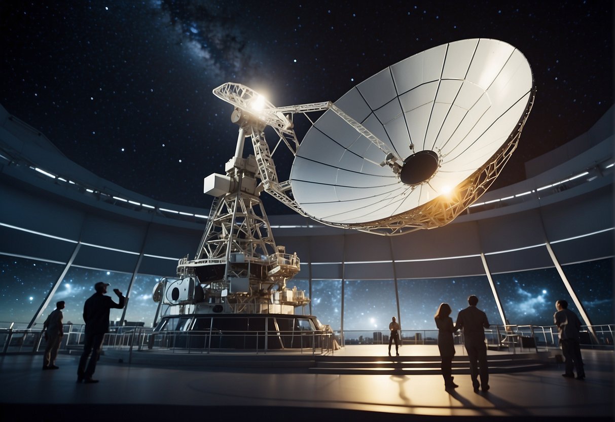 Deep Space Communication - A large satellite dish points towards the stars, transmitting signals into the vastness of space. The surrounding control center is filled with blinking lights and busy technicians, working to extend human contact beyond our planet