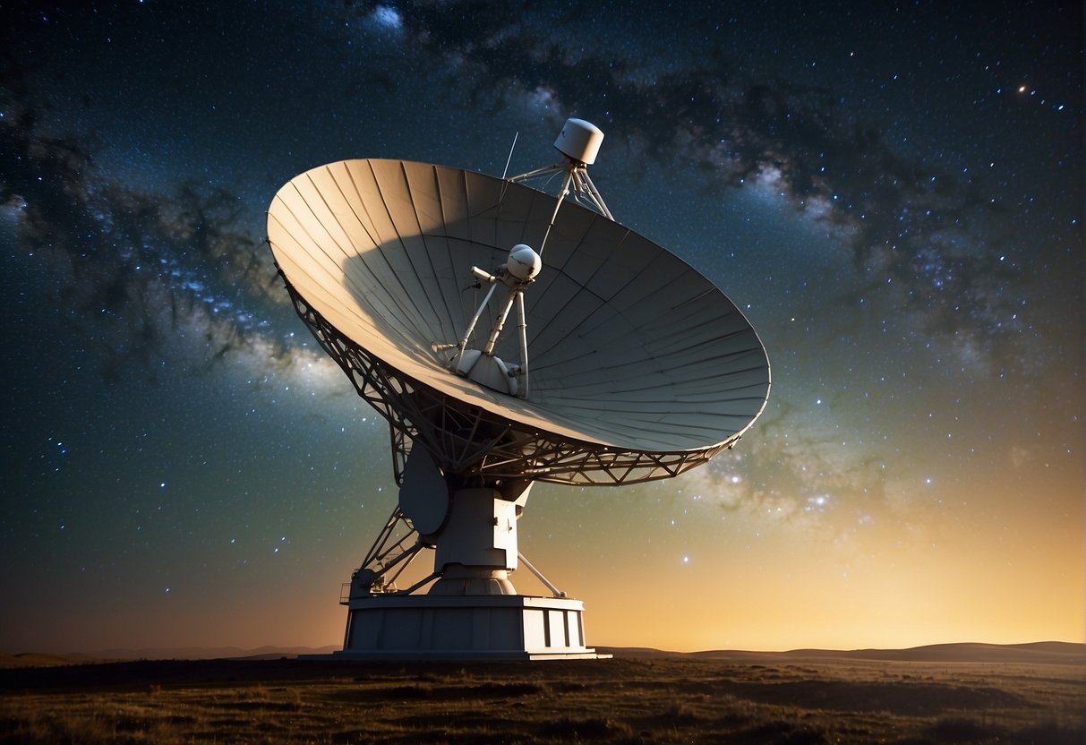 A large satellite dish points towards the stars, surrounded by a vast expanse of space. Signals pulse from the dish, reaching out into the unknown depths of the universe