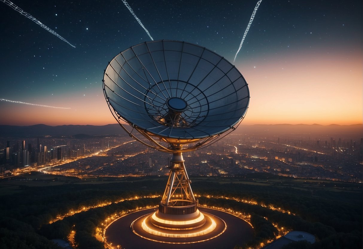 A large satellite dish points towards the stars, surrounded by futuristic communication equipment. Signals pulse through the air, connecting humanity with distant worlds