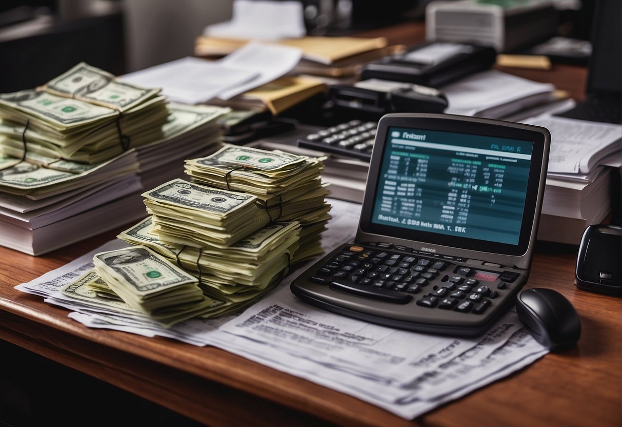 A pile of money sits on a table surrounded by tax forms, calculators, and a computer screen displaying tax relief strategies