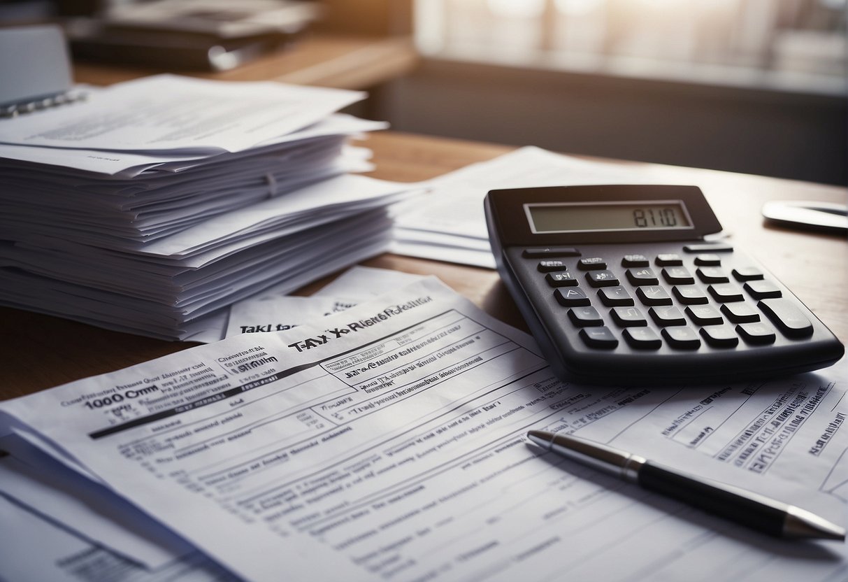A stack of tax forms and documents on a desk with a calculator and pen, surrounded by folders and files labeled "Tax Obligations" and "Tax Relief Strategies."