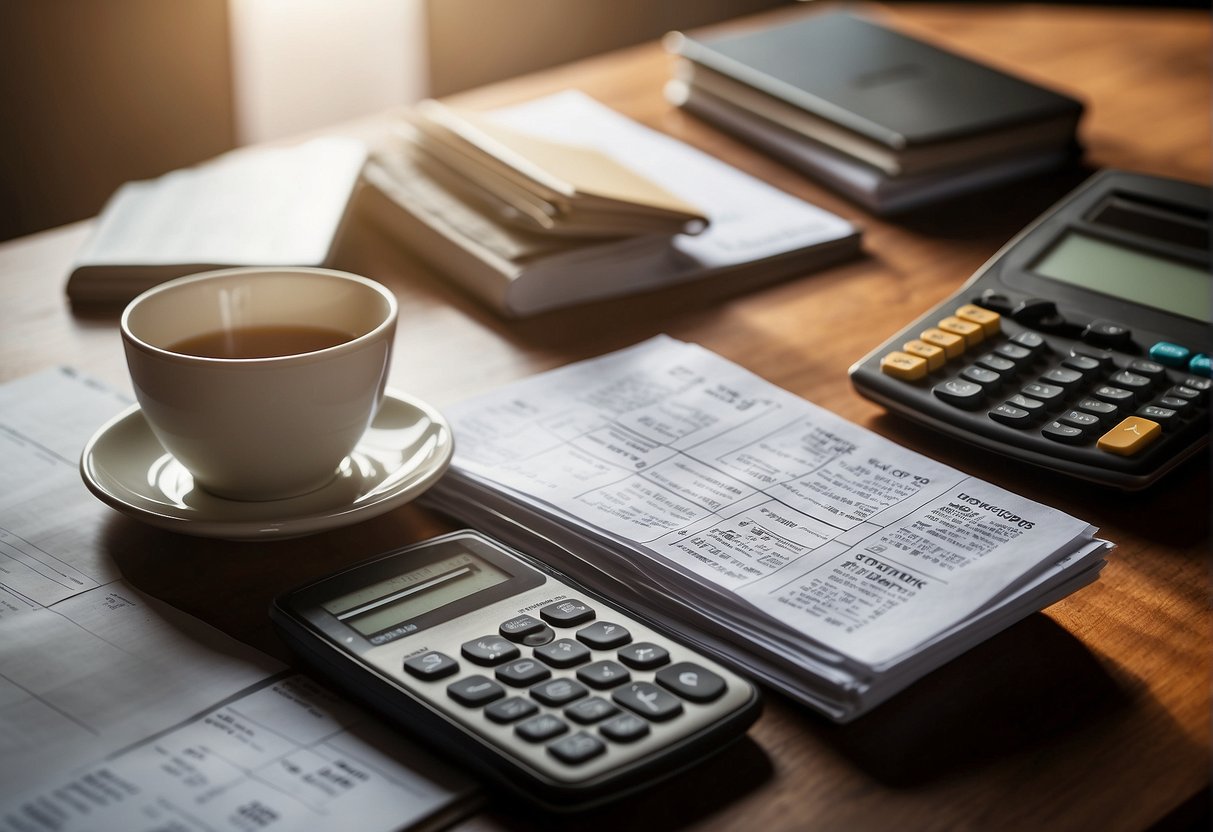 A table with financial documents and charts, a calculator, and a stack of money. A person's hand reaches for a tax planning book